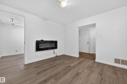 Basement living room with wood finished floors and lofted ceiling - 