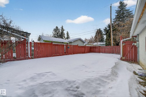 Snowy yard with a fenced backyard and a gate - 8328 164 Street, Edmonton, AB - Outdoor