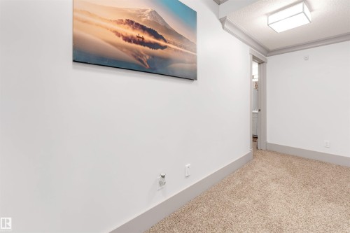 Spare room with ornamental molding, light carpet, and a textured ceiling - 656 180 Street, Edmonton, AB - Indoor Photo Showing Other Room