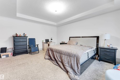 Bedroom featuring a tray ceiling, carpet floors, and a textured ceiling - 656 180 Street, Edmonton, AB - Indoor Photo Showing Bedroom