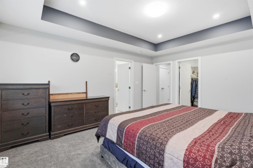 Bedroom with carpet, a walk in closet, a tray ceiling, ensuite bath, and recessed lighting - 452 Roberts Crescent, Leduc, AB - Indoor Photo Showing Bedroom