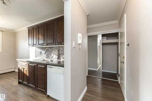 Bar area featuring dark brown cabinets, ornamental molding, dark wood-style flooring, tasteful backsplash, and a textured ceiling - 102 10735 81 Avenue, Edmonton, AB - Indoor Photo Showing Kitchen With Double Sink