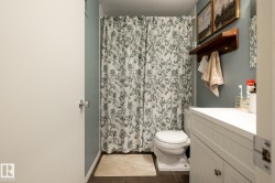 Bathroom featuring vanity, curtained shower, and dark tile patterned flooring - 