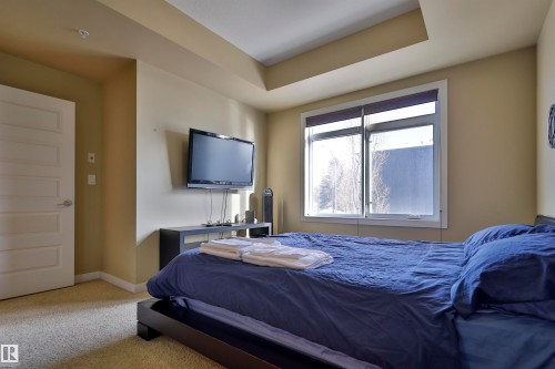 Bedroom with light colored carpet and a tray ceiling - 203 9908 84 Avenue, Edmonton, AB - Indoor Photo Showing Bedroom
