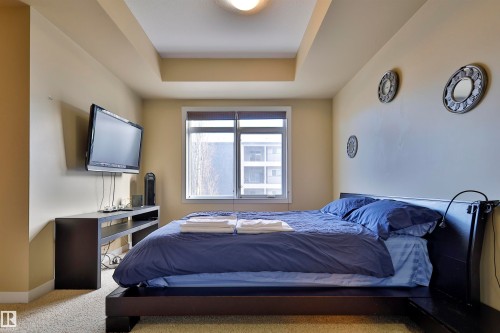 Bedroom with carpet flooring and a tray ceiling - 203 9908 84 Avenue, Edmonton, AB - Indoor Photo Showing Bedroom