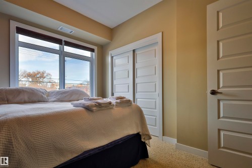 Bedroom with light colored carpet and a closet - 203 9908 84 Avenue, Edmonton, AB - Indoor Photo Showing Bedroom