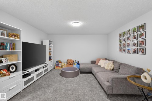 Carpeted living area with a textured ceiling - 2098 Graydon Hill Crescent, Edmonton, AB - Indoor Photo Showing Living Room