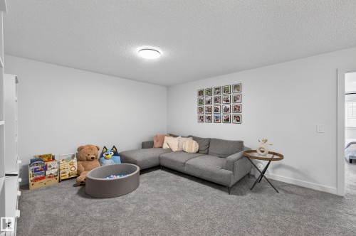 Carpeted living area with a textured ceiling and baseboards - 2098 Graydon Hill Crescent, Edmonton, AB - Indoor Photo Showing Living Room