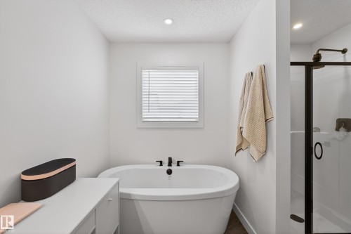 Full bath with a stall shower, a freestanding bath, a textured ceiling, and recessed lighting - 2098 Graydon Hill Crescent, Edmonton, AB - Indoor Photo Showing Bathroom