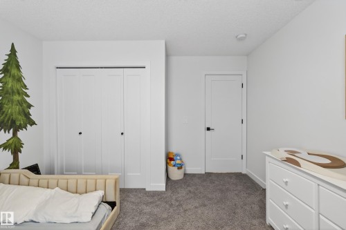 Bedroom with dark carpet, a textured ceiling, and a closet - 2098 Graydon Hill Crescent, Edmonton, AB - Indoor Photo Showing Bedroom