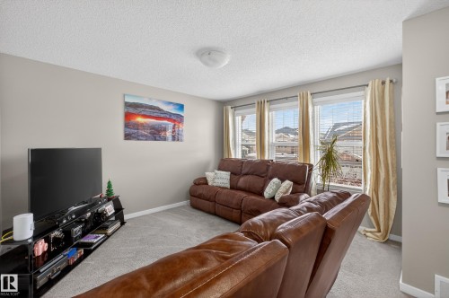 Living room featuring light colored carpet and a textured ceiling - 5910 Anthony Crescent, Edmonton, AB - Indoor Photo Showing Living Room