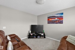 Living room with carpet and a textured ceiling - 