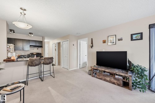 Living area with light colored carpet and a textured ceiling - 207 1080 Mcconachie Boulevard, Edmonton, AB - Indoor