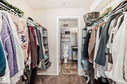 Walk in closet featuring dark colored carpet - 