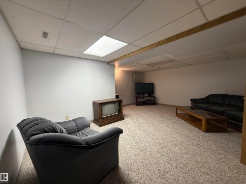 Living room featuring a drop ceiling and carpet - 34 Ella Mae Crescent, Rural Athabasca County, AB - Indoor Photo Showing Basement