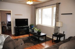Living room featuring wood finished floors and ceiling fan - 