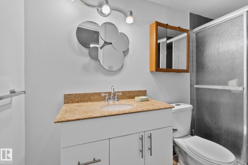 Bathroom with vanity and a stall shower - 17523 95 Street, Edmonton, AB - Indoor Photo Showing Bathroom