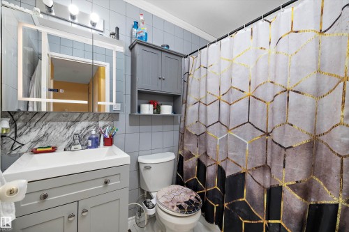 Bathroom featuring tile walls, a shower with shower curtain, vanity, tasteful backsplash, and ornamental molding - 127 Cornell Court, Edmonton, AB - Indoor Photo Showing Other Room