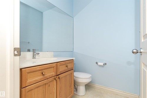 Bathroom featuring vanity and light tile patterned floors - 112 260 Sturgeon Road, St. Albert, AB - Indoor Photo Showing Bathroom