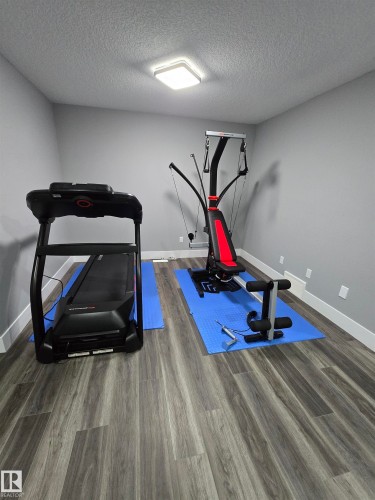 Workout area featuring dark wood finished floors and a textured ceiling - 1641 Enright Way Nw, Edmonton, AB - Indoor Photo Showing Gym Room