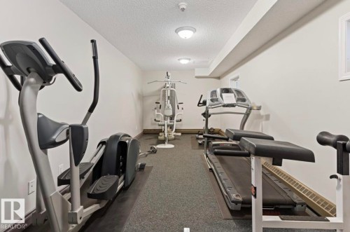 Workout room with a textured ceiling - 103 12110 119 Ave, Edmonton, AB - Indoor Photo Showing Gym Room