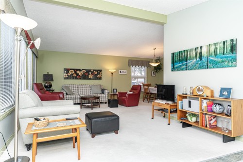 Carpeted living room with vaulted ceiling - 2112 67 Street Nw, Edmonton, AB - Indoor Photo Showing Living Room