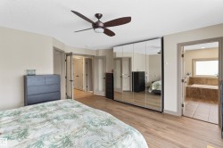 Bedroom with light wood-type flooring, connected bathroom, multiple closets, and a ceiling fan - 