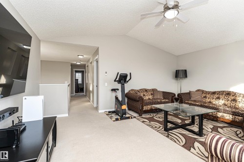 Living room with light carpet and a ceiling fan - 192 Keyport Circle, Leduc, AB - Indoor Photo Showing Living Room