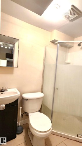 Bathroom with vanity, tile patterned flooring, and a stall shower - 4709 106 Street, Edmonton, AB - Indoor Photo Showing Bathroom