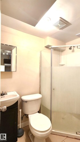 Full bathroom with vanity, a stall shower, and tile patterned floors - 4709 106 Street, Edmonton, AB - Indoor Photo Showing Bathroom