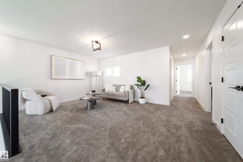 Living room with carpet flooring and a textured ceiling - 34 Sun Meadows Cl, Stony Plain, AB - Indoor