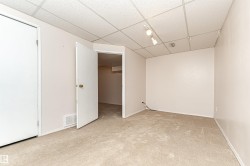 Empty room with a drop ceiling and light colored carpet - 