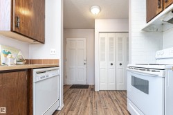 Kitchen featuring white appliances, under cabinet range hood, a textured ceiling, light wood-style flooring, and light countertops - 