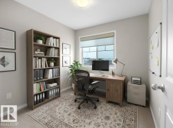 Home office with light carpet and baseboards - 