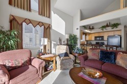 Living room with vaulted ceiling and carpet floors - 