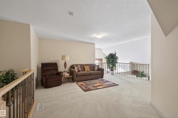 Living area with carpet floors and a futon for extra guests or growing families. - 