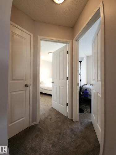 Corridor featuring a textured ceiling and dark carpet - 5424 204 Street, Edmonton, AB - Indoor Photo Showing Other Room