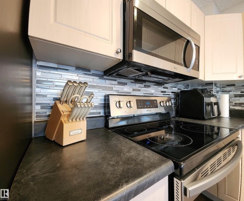 Kitchen featuring stainless steel appliances, dark countertops, and backsplash - 5424 204 Street, Edmonton, AB - Indoor Photo Showing Kitchen