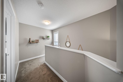 Hallway with an upstairs landing, a textured ceiling, and dark colored carpet - 8107 224 Street Nw, Edmonton, AB - Indoor Photo Showing Other Room