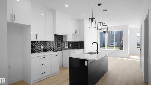 Kitchen with modern cabinets, a center island with sink, light wood-style floors, light stone countertops, and two tone cabinets - 711 31 Avenue, Edmonton, AB - Indoor Photo Showing Kitchen With Double Sink With Upgraded Kitchen