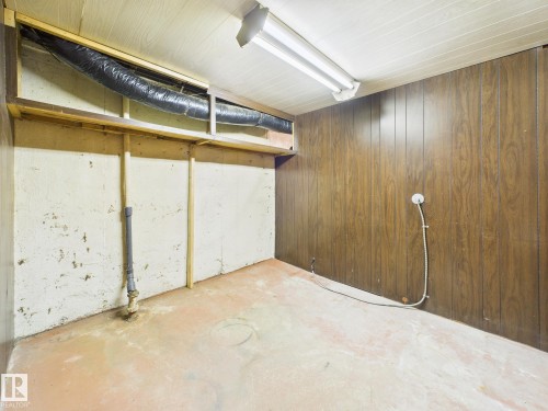 Unfinished below grade area with wooden walls - 13523 124B Avenue, Edmonton, AB - Indoor Photo Showing Basement