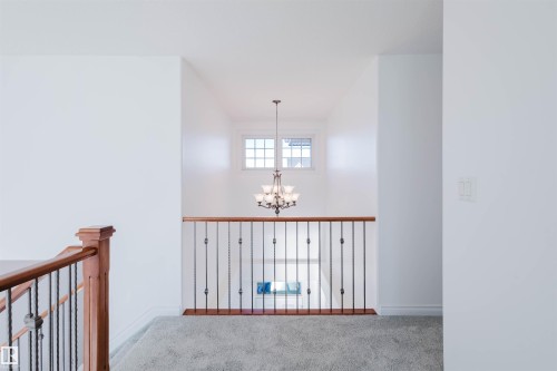 Hallway with carpet floors and hanging lights - 3547 Mclay Crescent, Edmonton, AB - Indoor Photo Showing Other Room