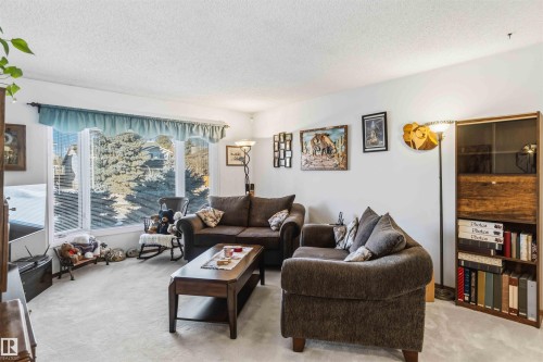 Carpeted living area with a textured ceiling - 17619 94 Ave, Edmonton, AB - Indoor Photo Showing Living Room