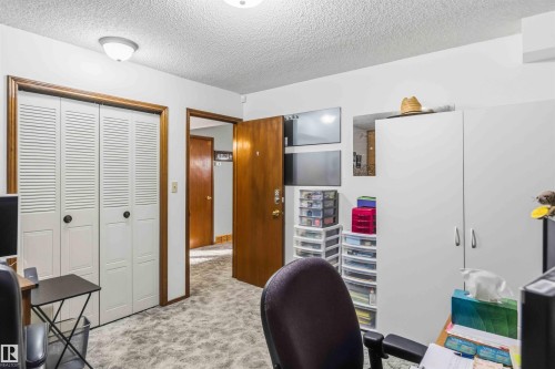 Home office featuring a textured ceiling and light colored carpet - 17619 94 Ave, Edmonton, AB - Indoor Photo Showing Office