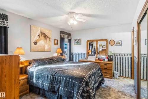 Bedroom featuring carpet, a textured ceiling, a ceiling fan, wainscoting, and a closet - 17619 94 Ave, Edmonton, AB - Indoor Photo Showing Bedroom