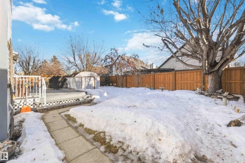 Snowy yard with a deck, a fenced backyard, and a storage unit - 17619 94 Ave, Edmonton, AB - Outdoor