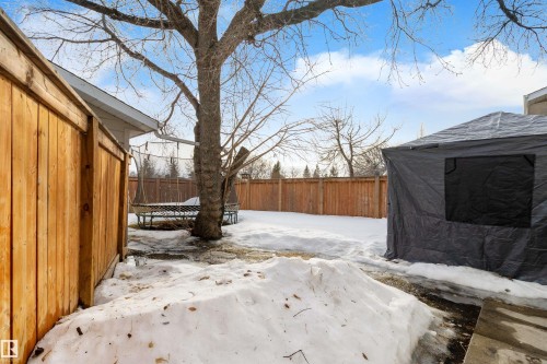 Snowy yard featuring a trampoline, a fenced backyard, and a deck - 4423 18 Avenue, Edmonton, AB - Outdoor