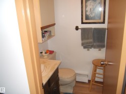Bathroom featuring vanity, wood finished floors, and a baseboard heating unit - 