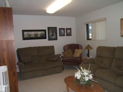 Carpeted living room featuring a textured ceiling - 