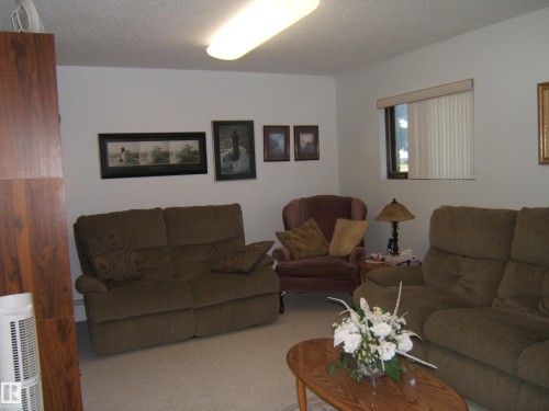 Carpeted living room featuring a textured ceiling - 4807 54 Avenue, Two Hills, AB - Indoor Photo Showing Living Room